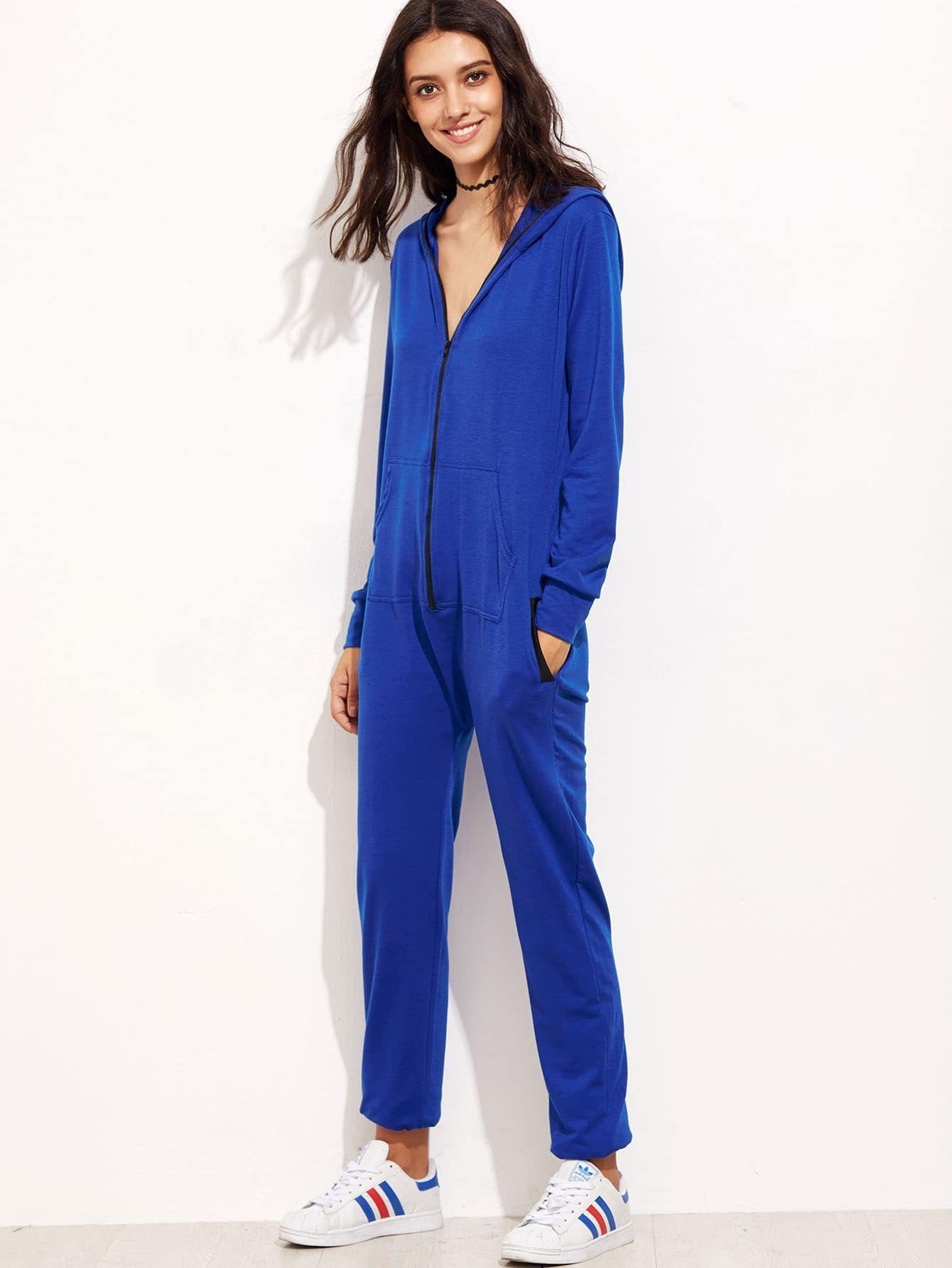 Blue Zipper Front Hooded Jumpsuit With PocketsFor Womenromwe