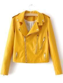 Yellow Oblique Zipper PU Moto Jacket
