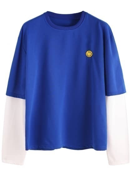 Contrast Long Sleeve Smile Embroidered T-shirt