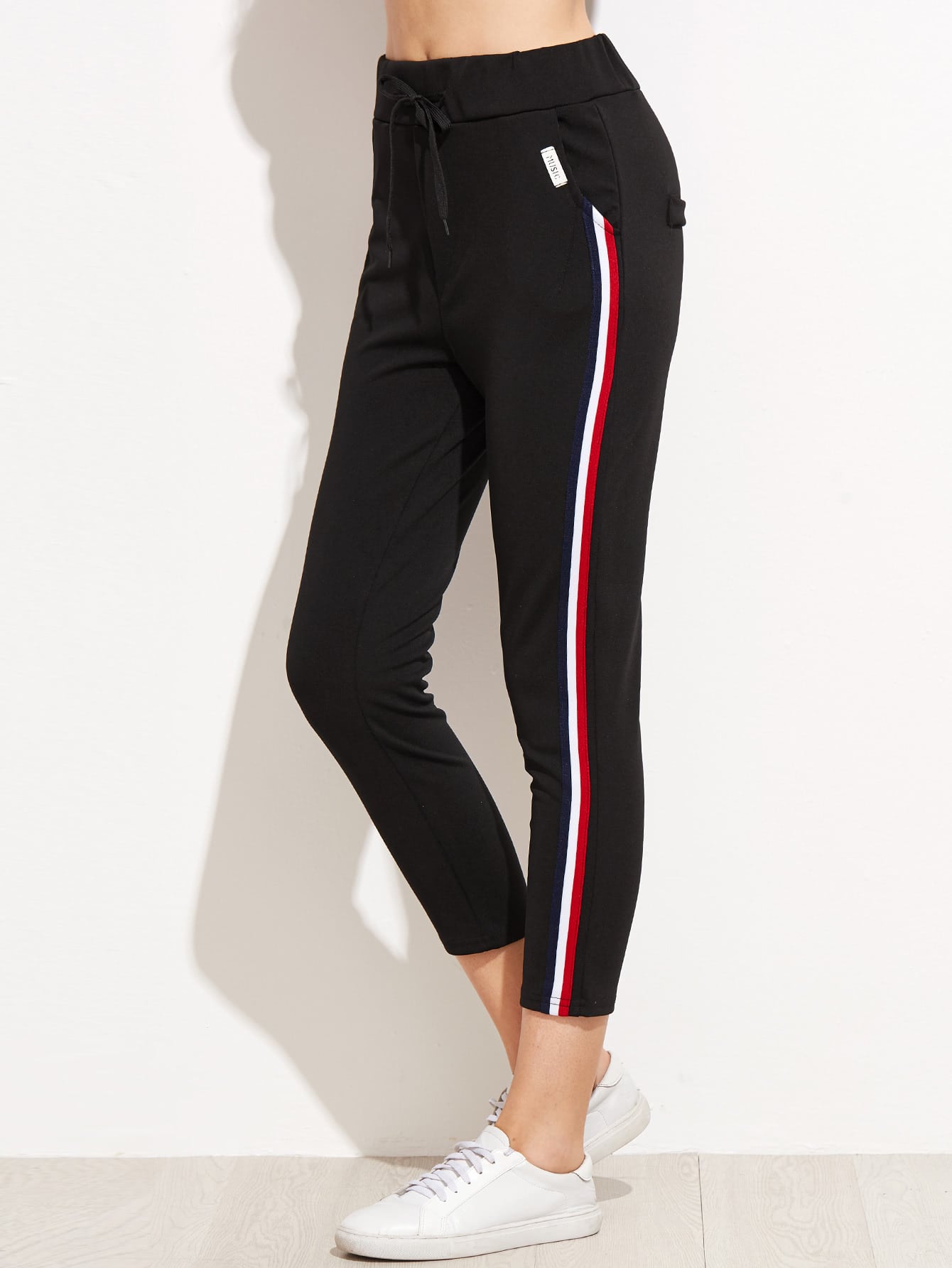 Black Striped Side Drawstring Pants