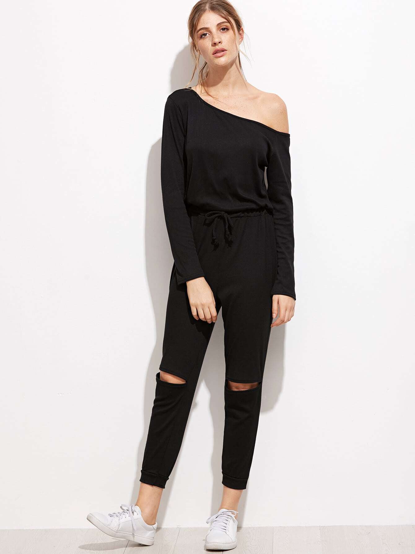Black One Shoulder Cutout Knee Drawstring JumpsuitFor Womenromwe