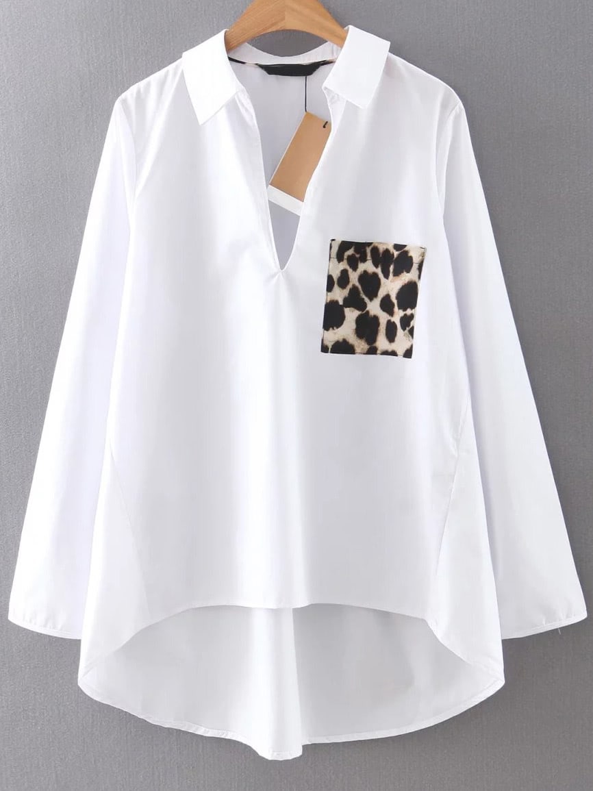 White Dip Hem Blouse With Leopard Pocket