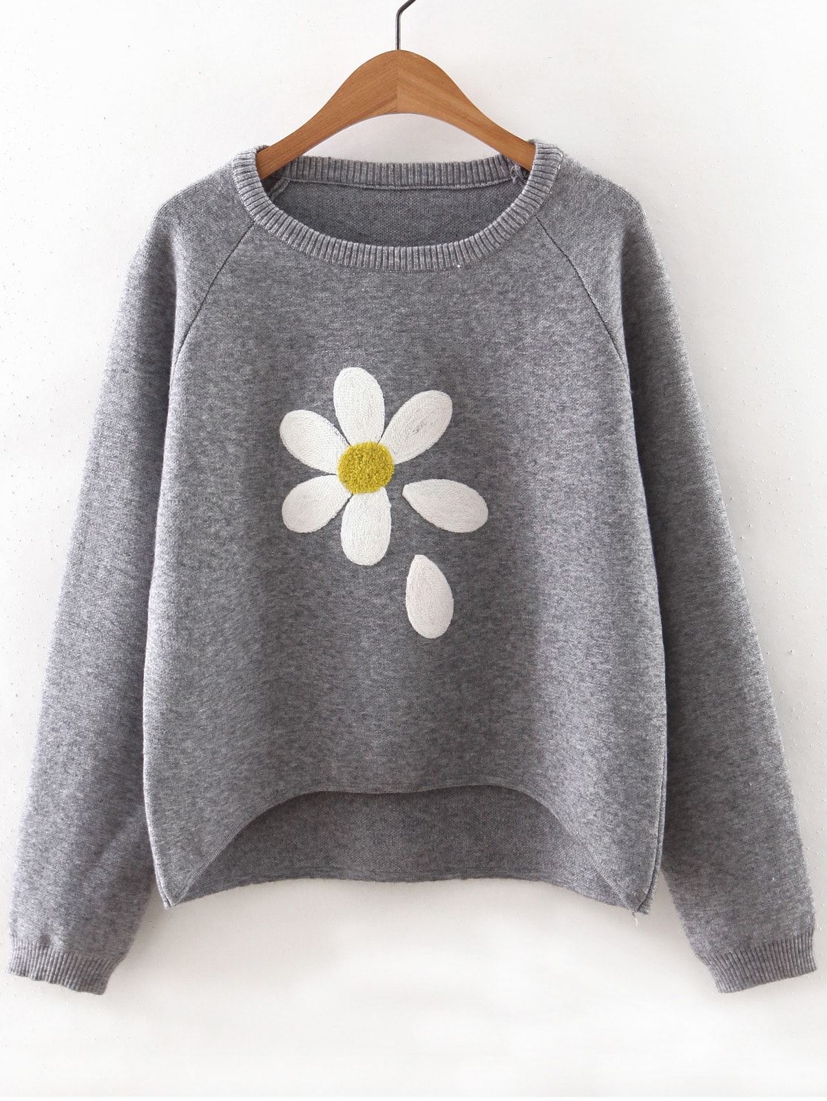 Grey Flower Print Raglan Sleeve Dip Hem Sweater