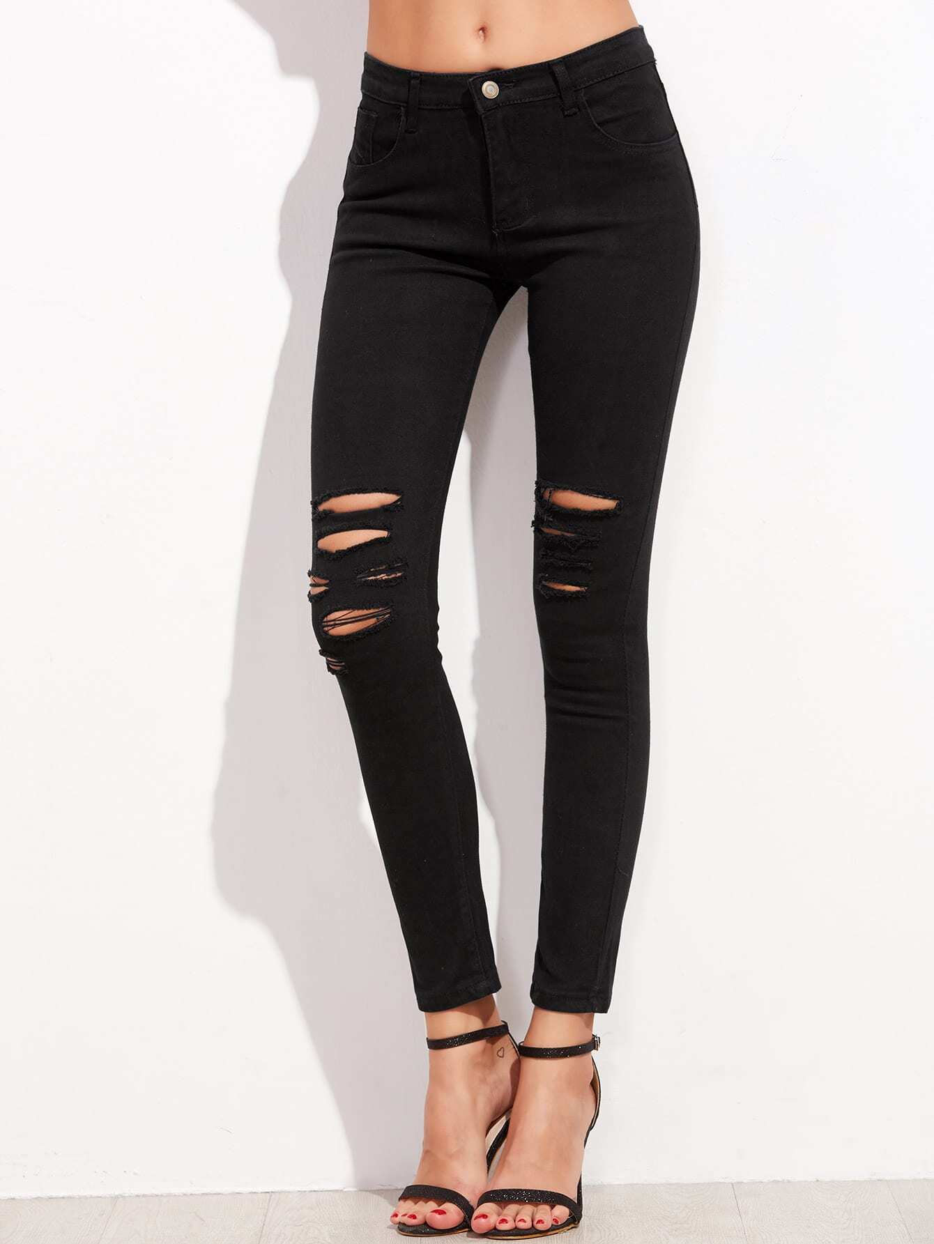 Black Ripped Skinny Ankle JeansFor Women-romwe