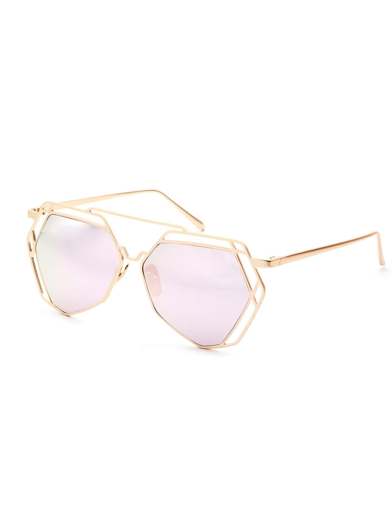 Gold Hollow Frame Double Bridge Pink Lens Sunglasses