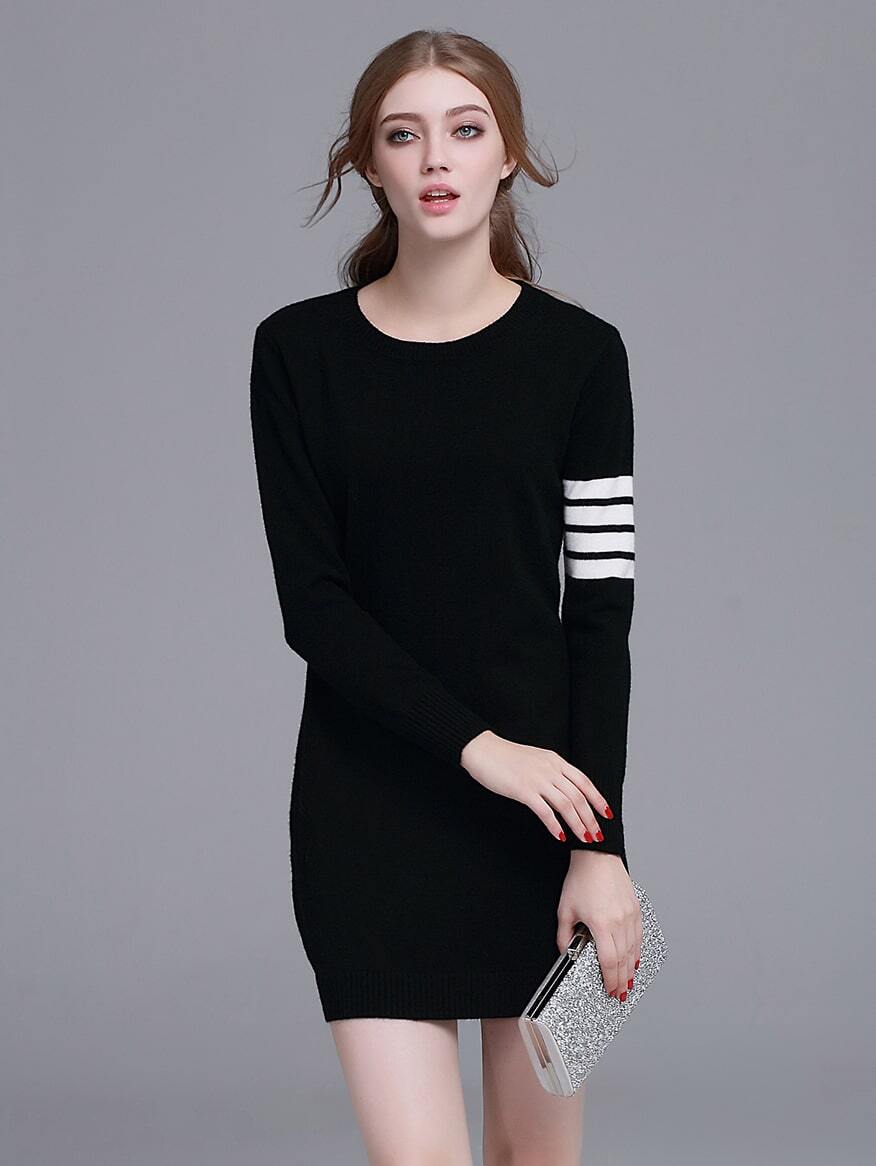 Black Striped Long Sleeve Sweater DressFor Womenromwe