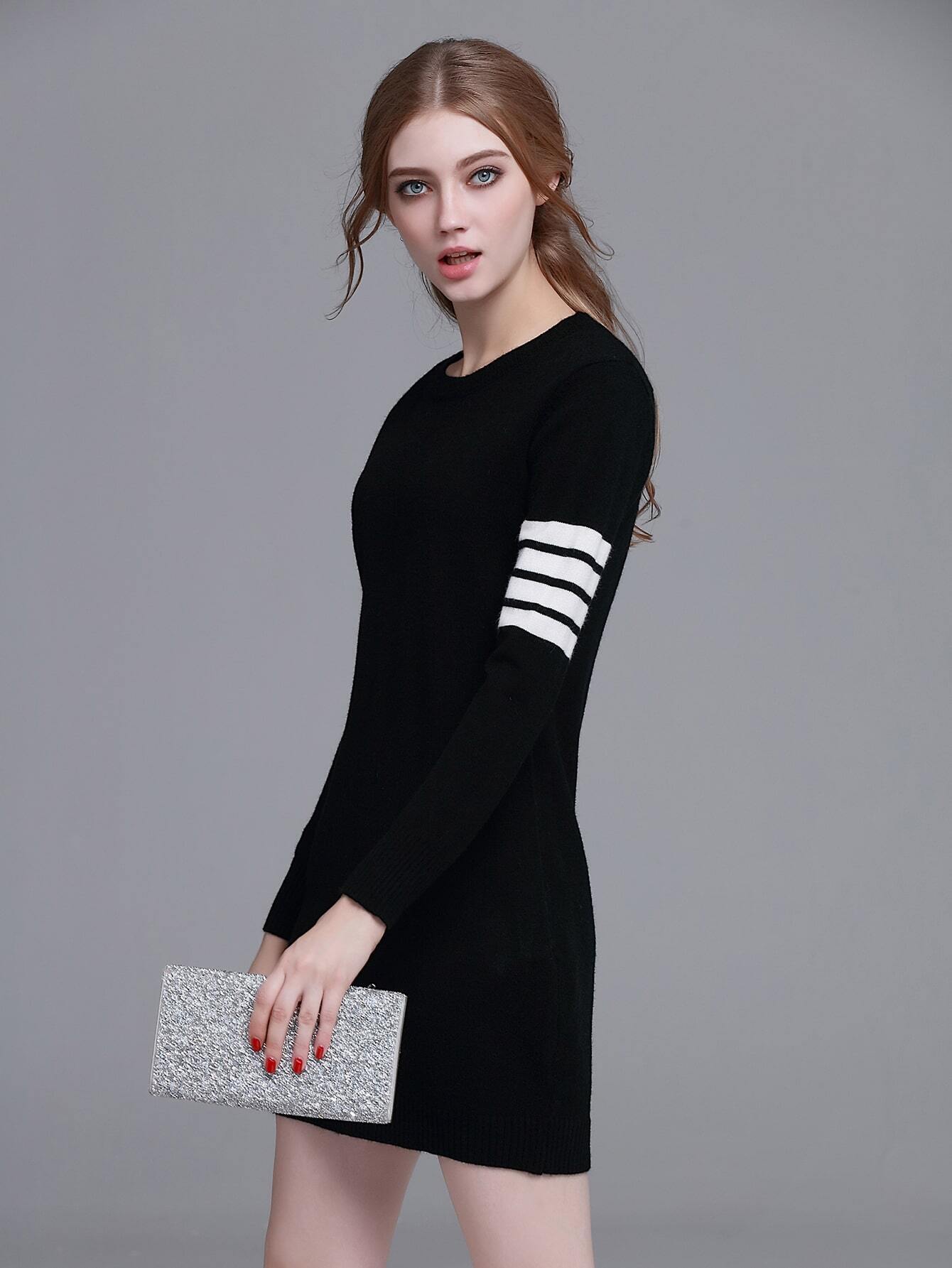 Black Striped Long Sleeve Sweater DressFor Womenromwe