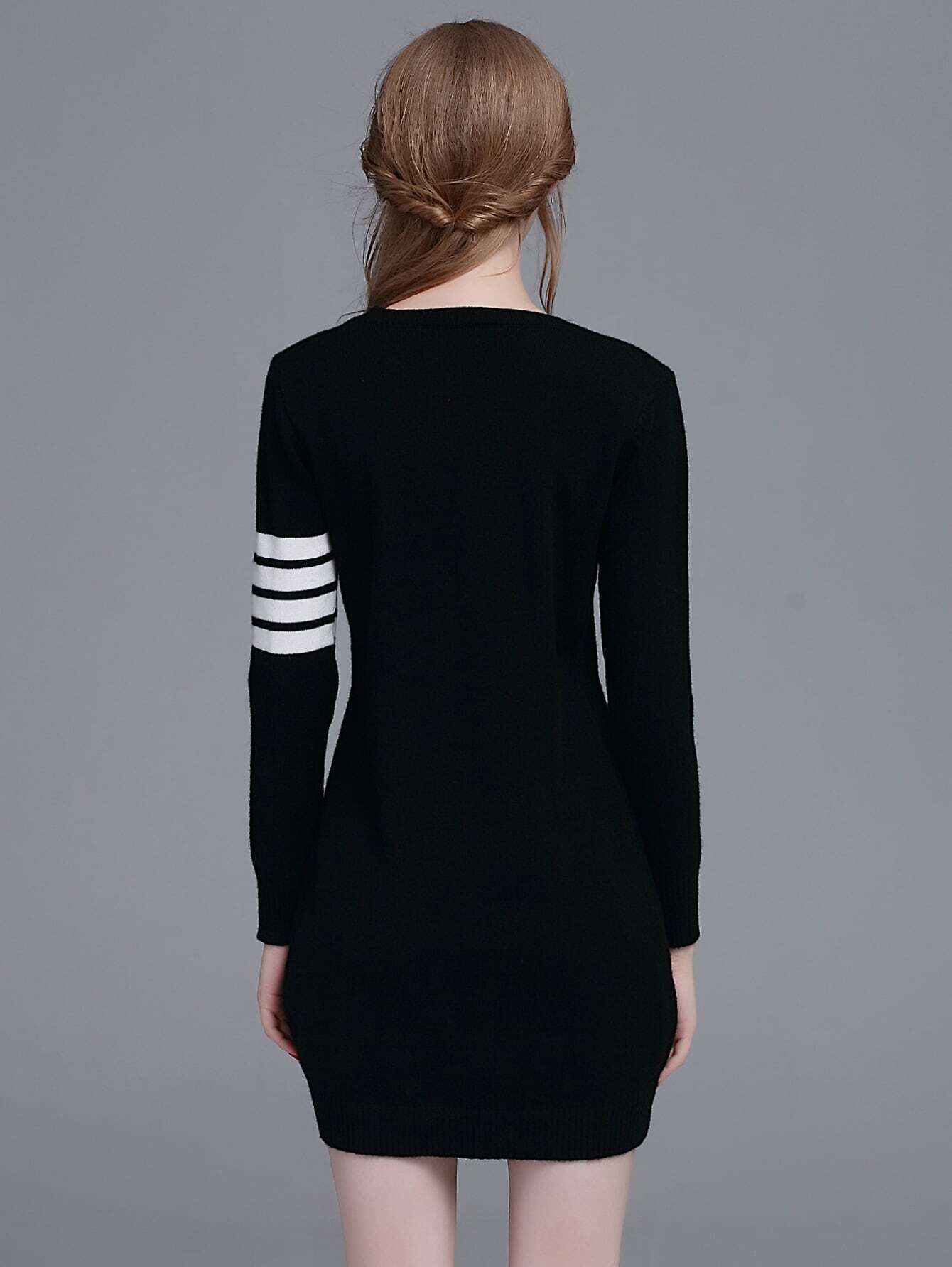 Black Striped Long Sleeve Sweater DressFor Womenromwe