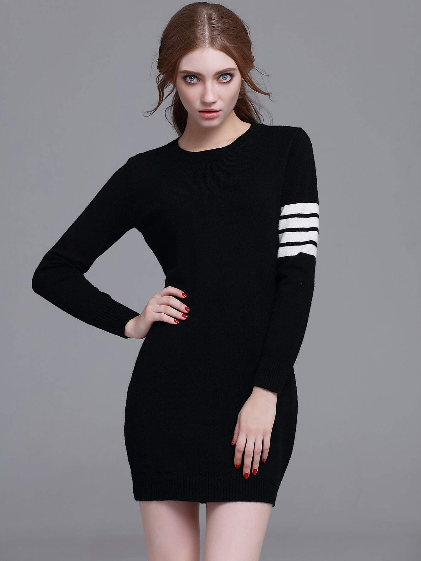 Black Striped Long Sleeve Sweater DressFor Womenromwe