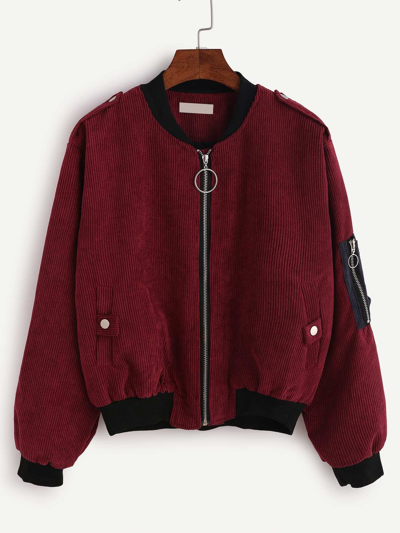 Burgundy Contrast Trim Corduroy Sleeve Patch Bomber JacketFor Womenromwe