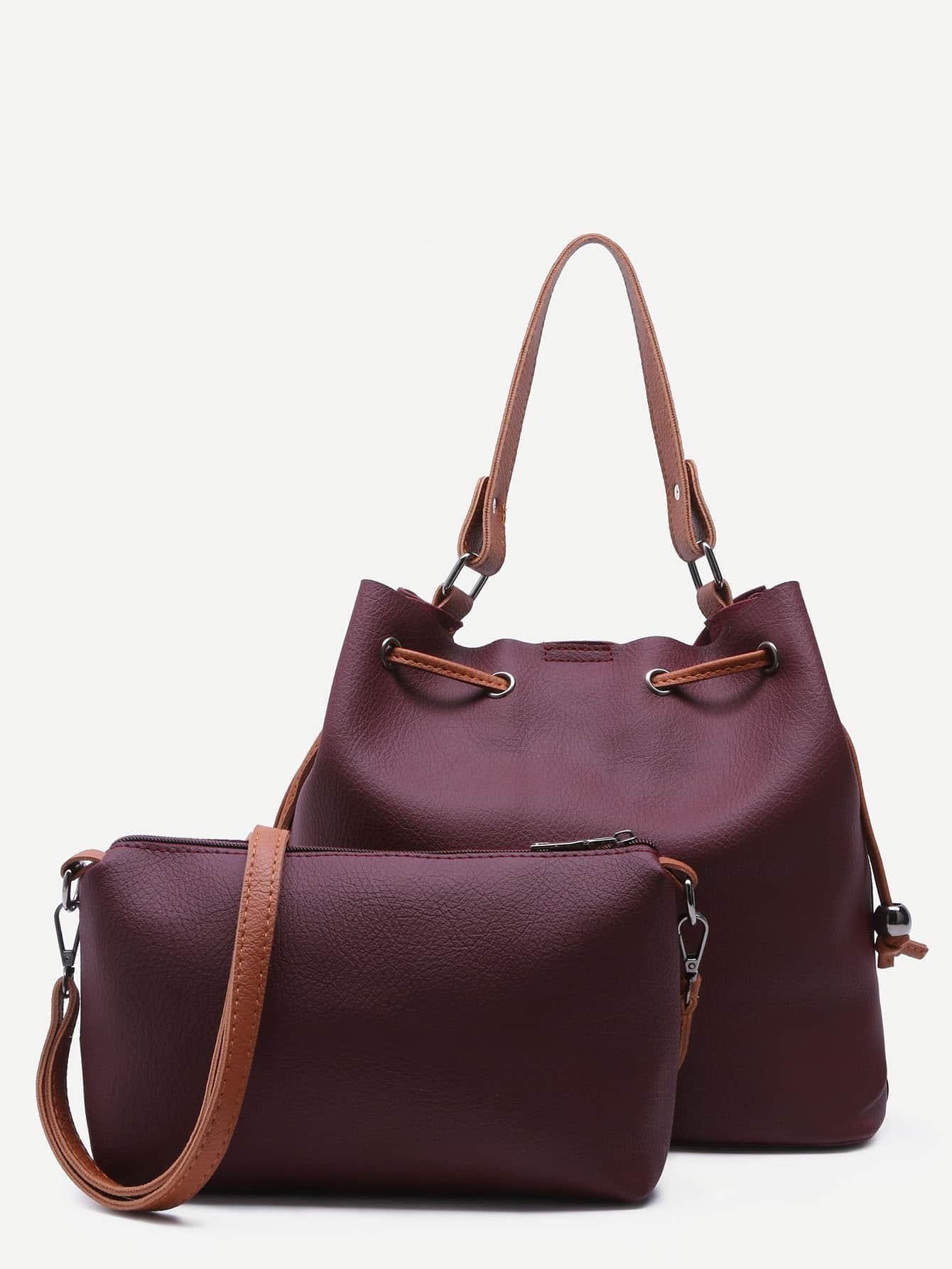 Burgundy PU Drawstring Tote Bucket Bag With Crossbody Bag