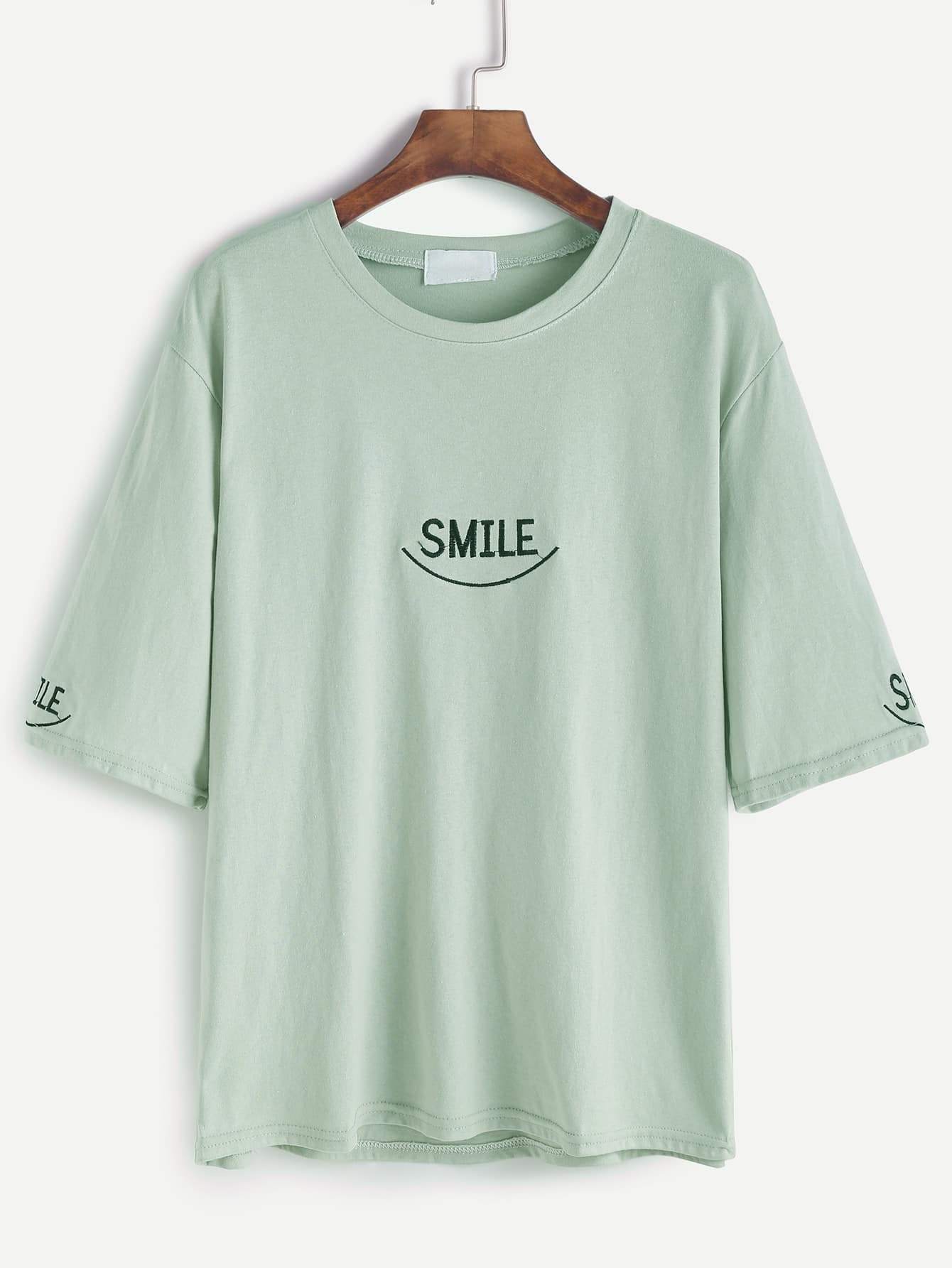Light Green Elbow Sleeve Letter Embroidery T-shirt