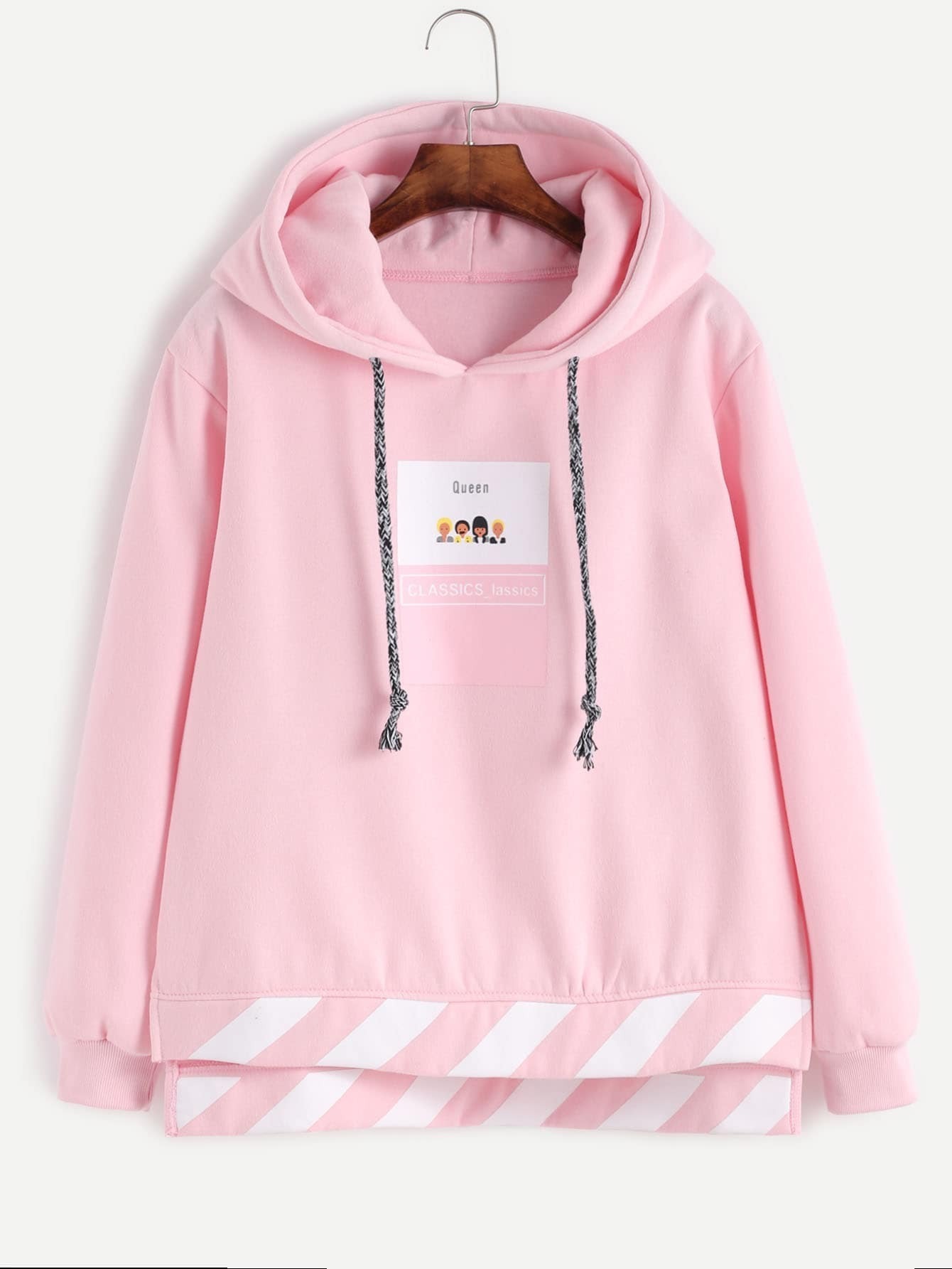 Pink Cartoon Print High Low Drawstring Hooded Sweatshirt