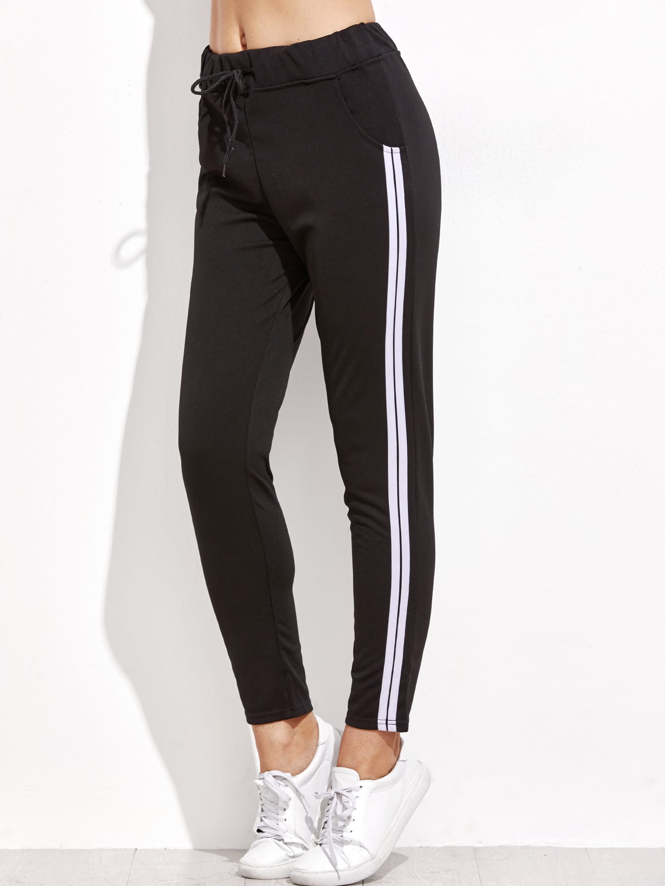 Black Striped Side Drawstring Pants