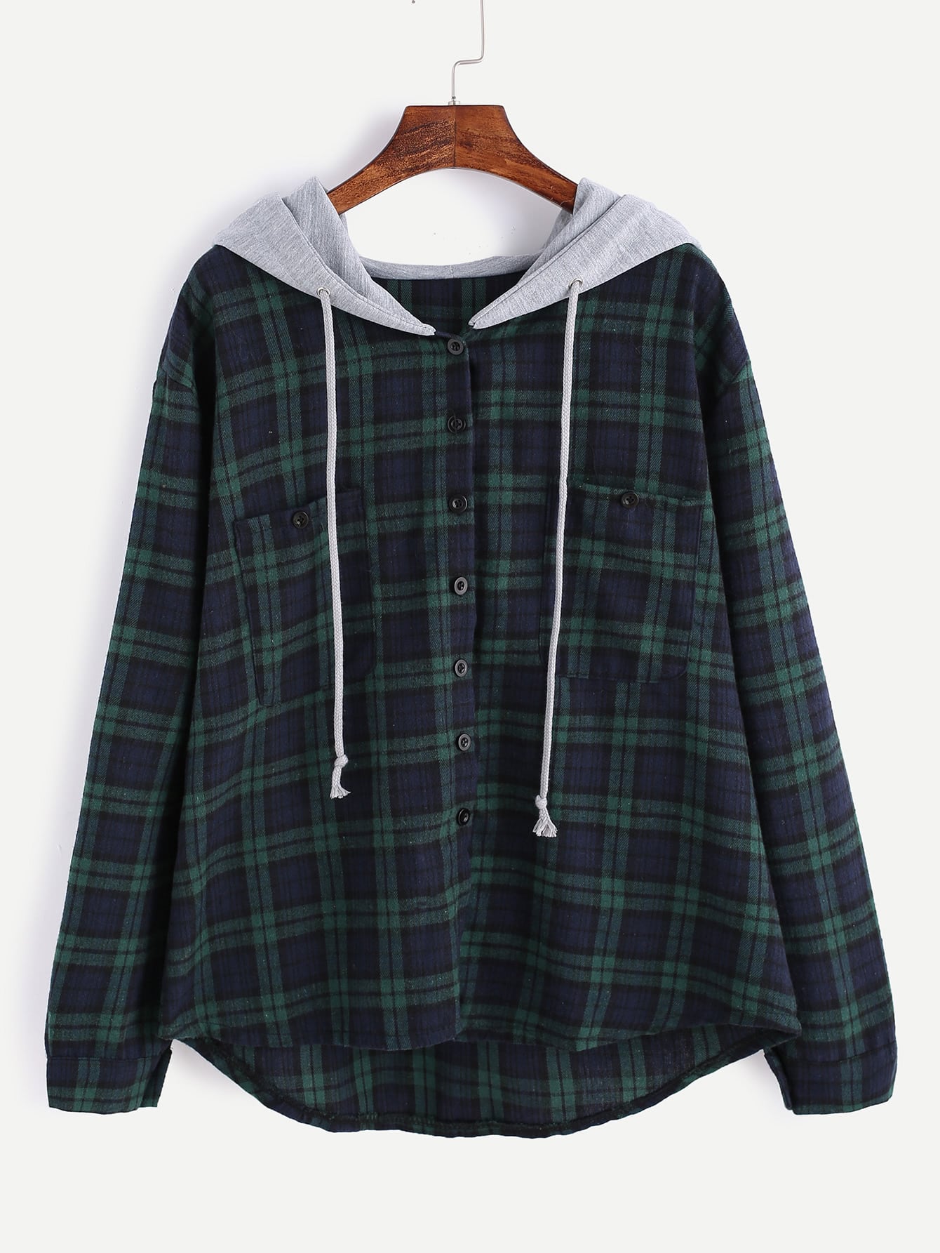 Plaid Button Pocket Sweatshirt With Contrast Hood