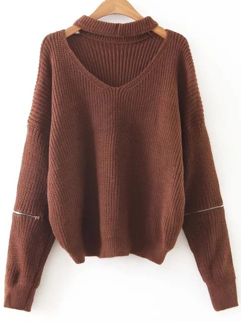 Coffee Choker V Neck Zipper Sleeve Sweater