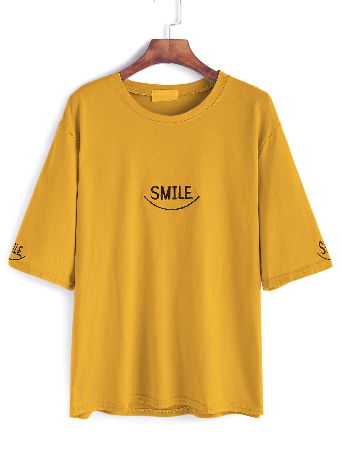 Ginger Elbow Sleeve Letter Embroidery T-shirt