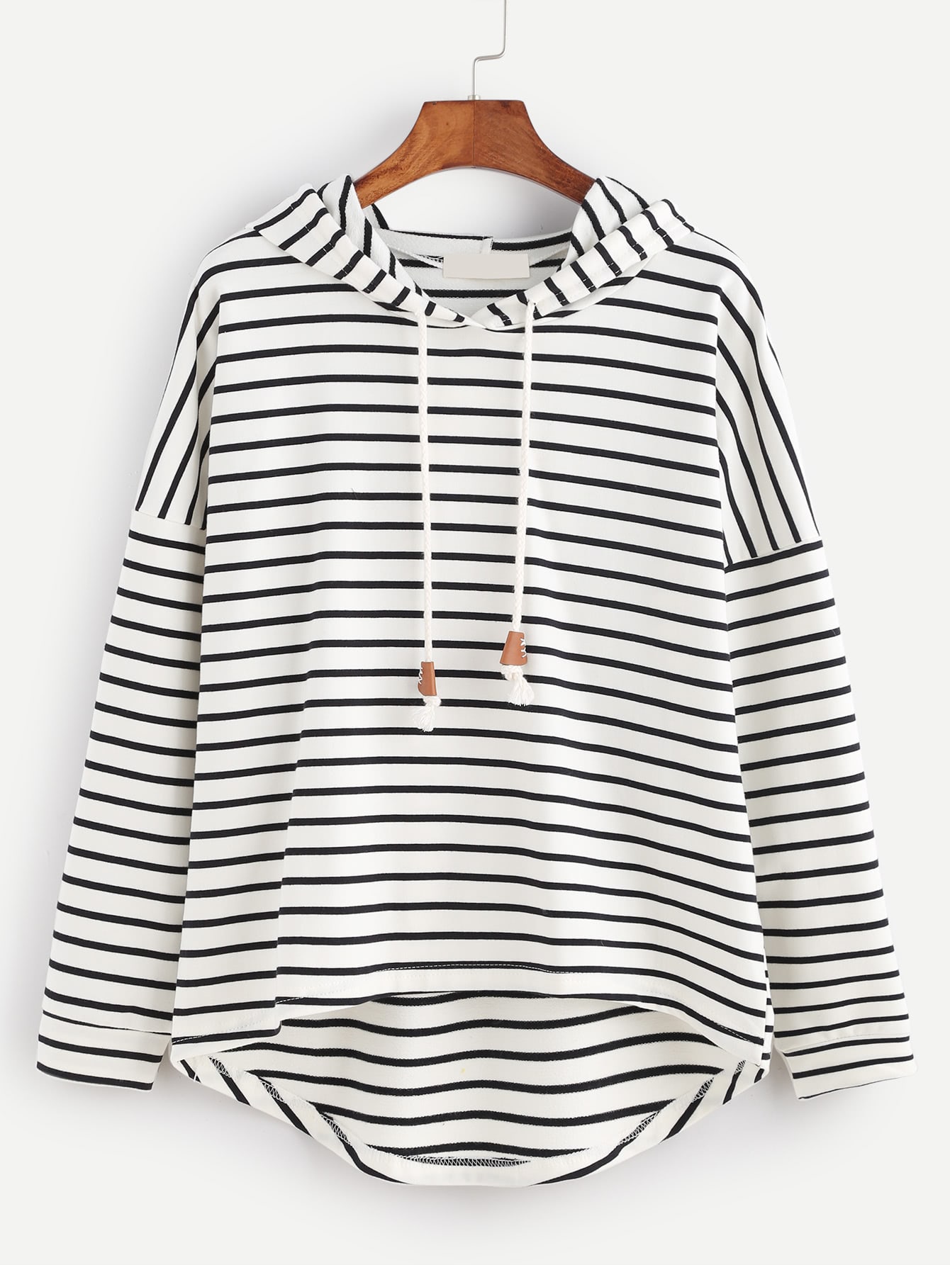 Black White Striped Drop Shoulder High Low Hooded Sweatshirt