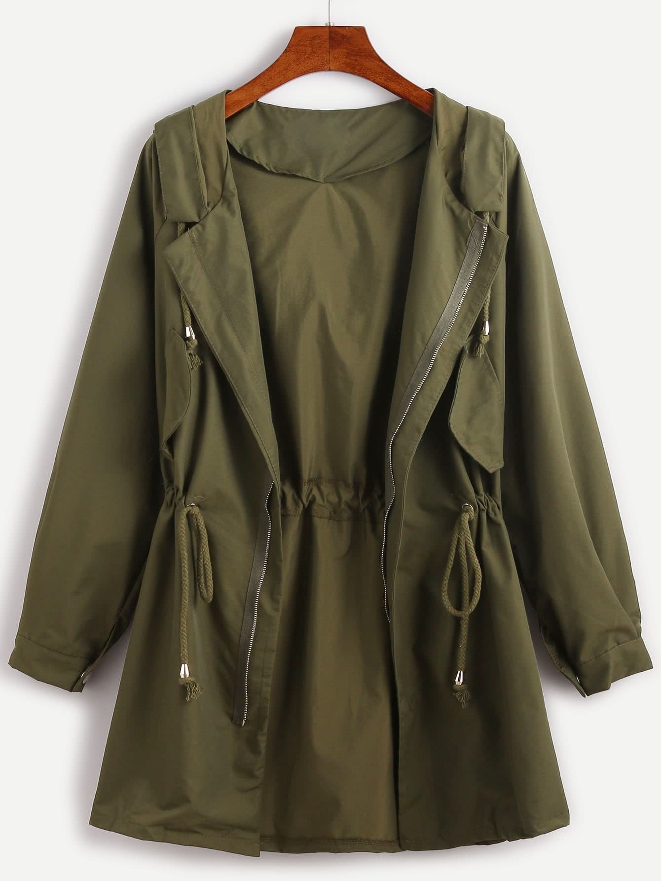 Green Coat Wool Long Hooded Winter Green Lapel Zipper Up Buckle Accent Coat Loading