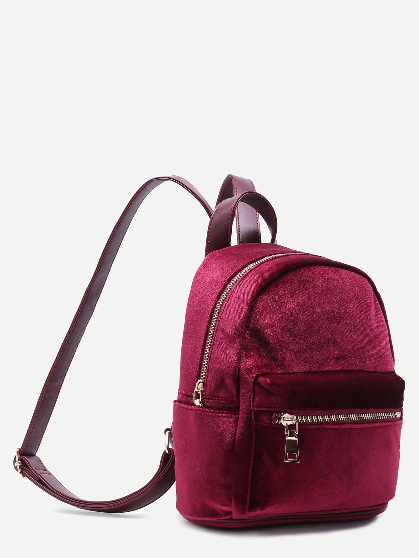 Burgundy Velvet Front Zipper BackpackFor Womenromwe