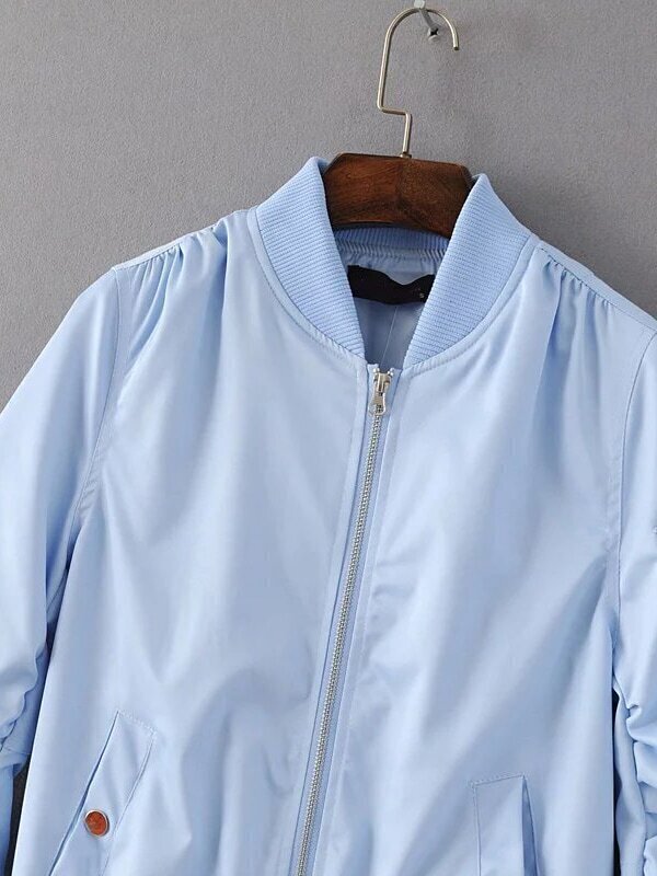 Blue Zipper Up Flight Jacket With PocketsFor Womenromwe