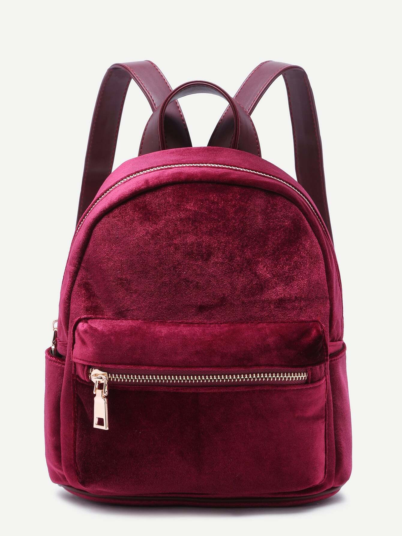 Burgundy Velvet Front Zipper BackpackFor Womenromwe