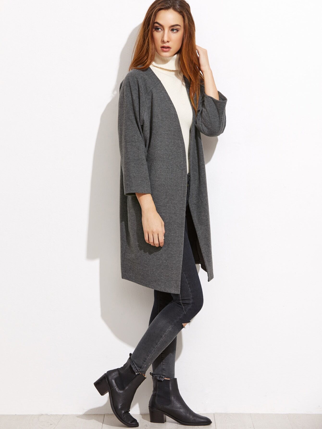 Dark Grey Raglan Sleeve CoatFor Womenromwe