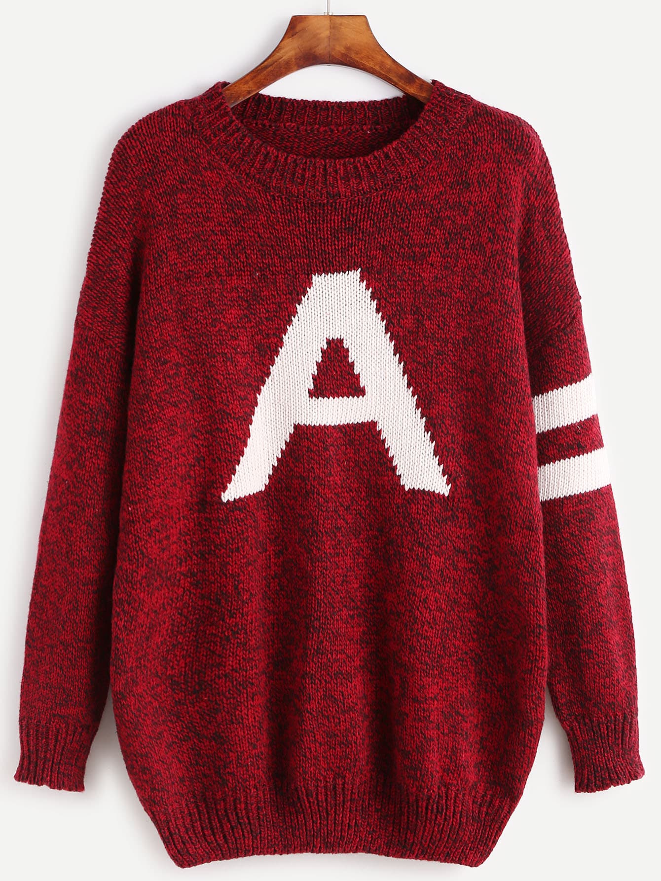 Burgundy Letter Pattern Striped Trim Sweater