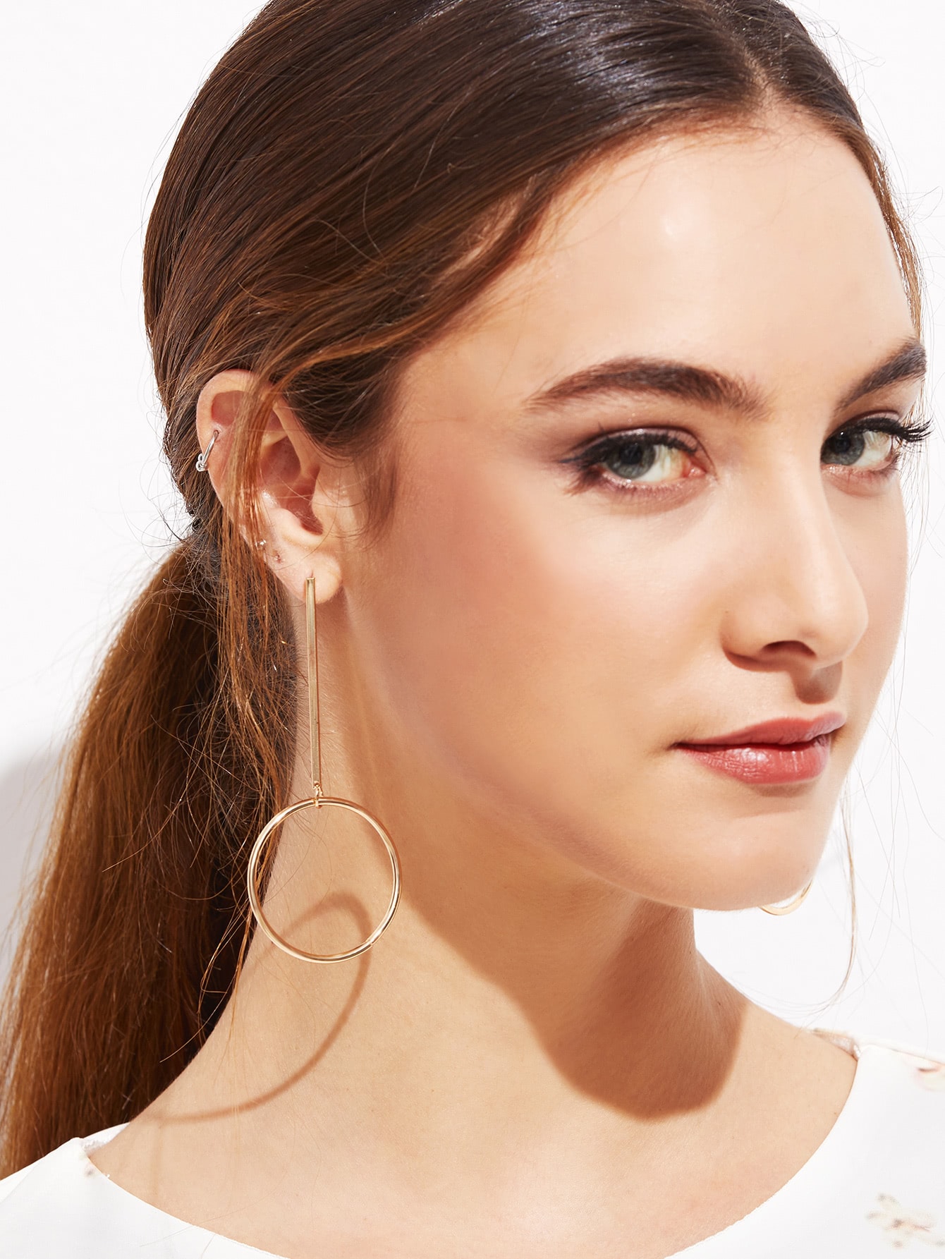 Gold Plated Hollow Circle Bar Long Drop Earrings
