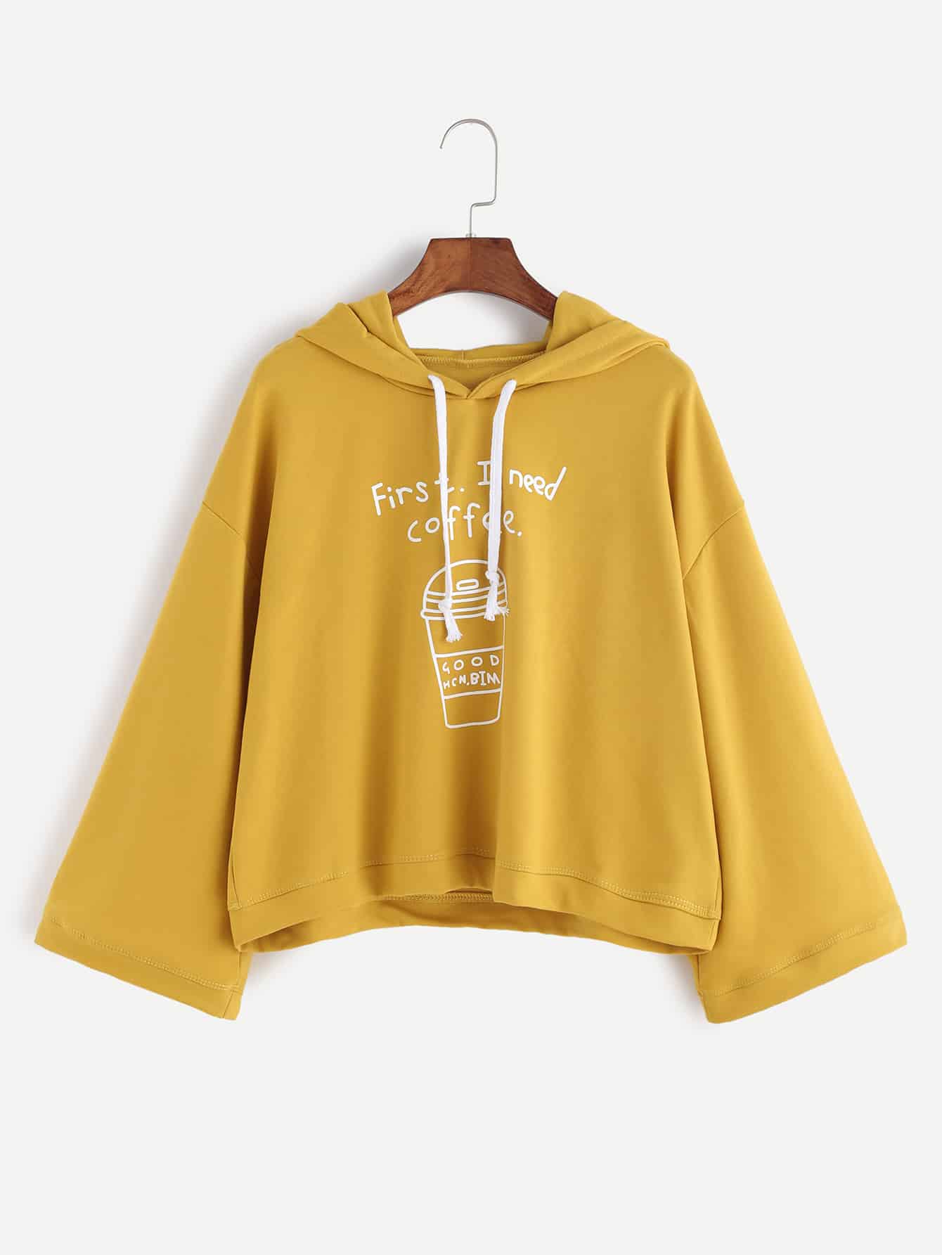 Yellow Coffee Cup Print Hooded Sweatshirt