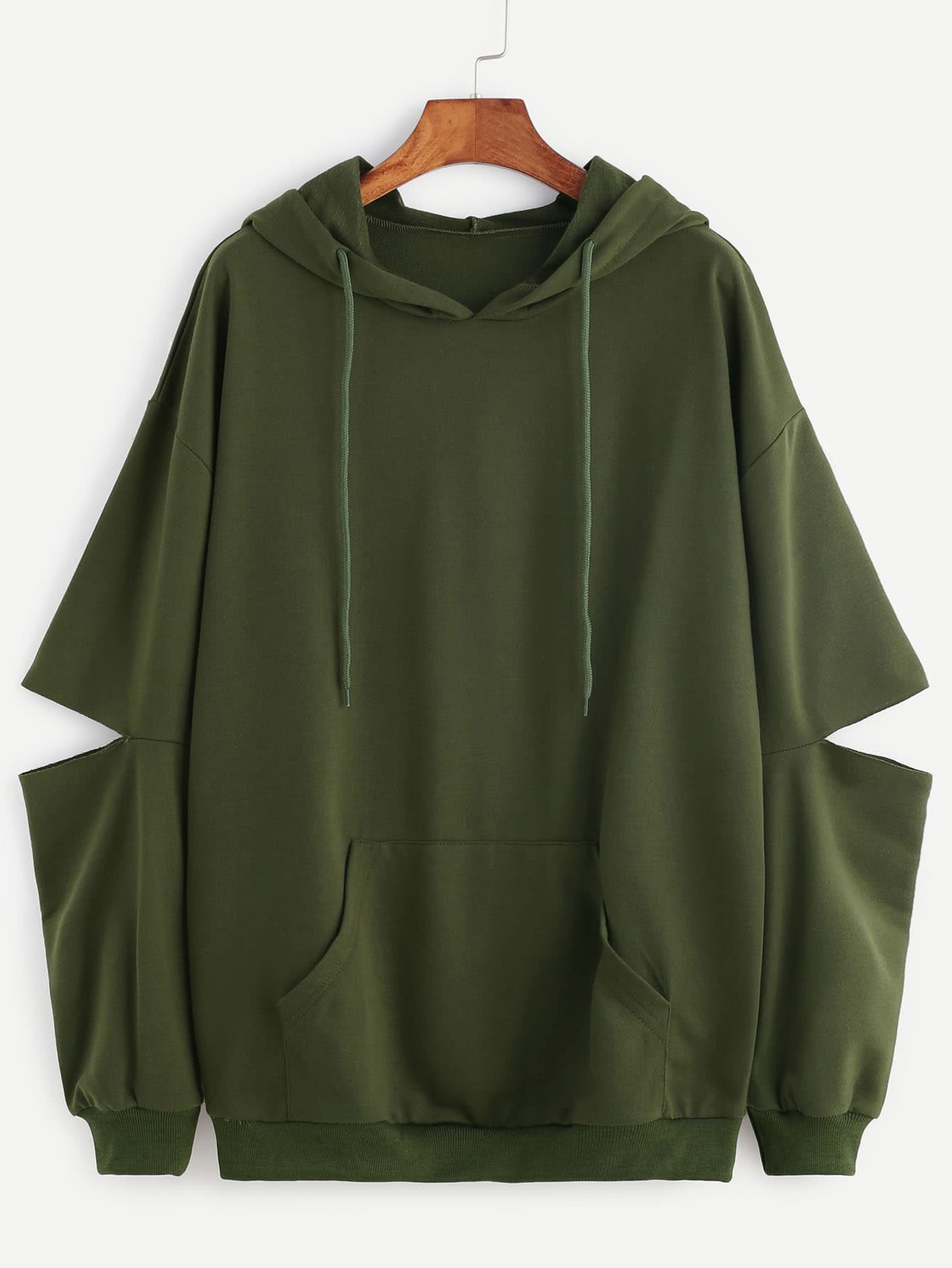 Army Green Drop Shoulder Elbow Cutout Hooded Pocket Sweatshirt