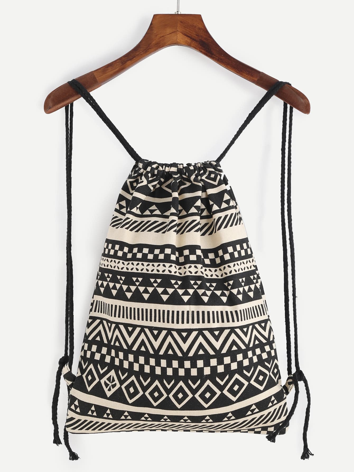 Black and Beige Canvas Geometric Bucket Backpack With Rope Strap