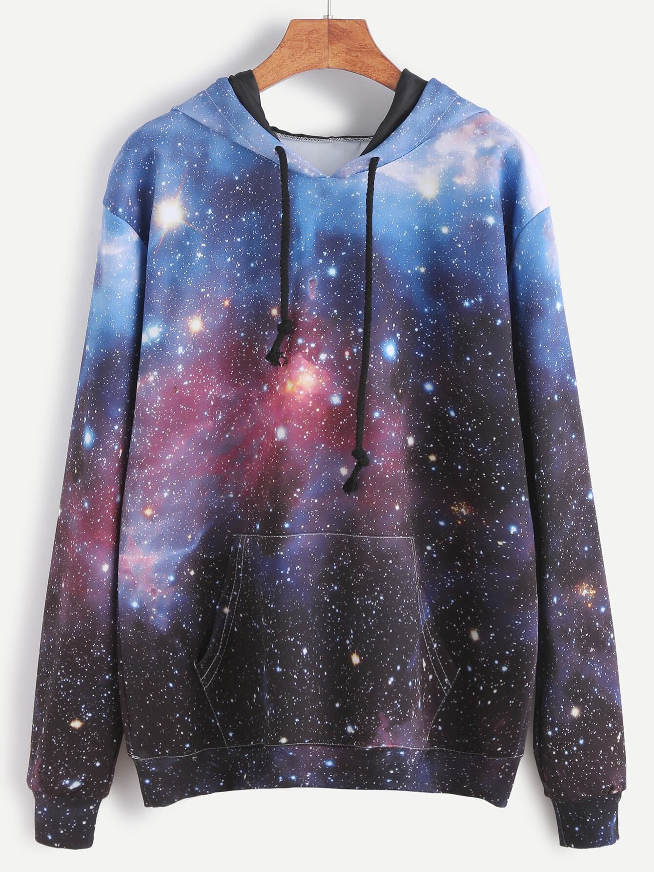 Galaxy Print Drawstring Hooded Pocket Sweatshirt