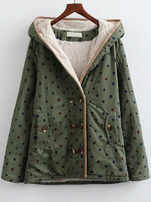 Army Green Polka Dot Hooded Coat With Faux Shearling Linging