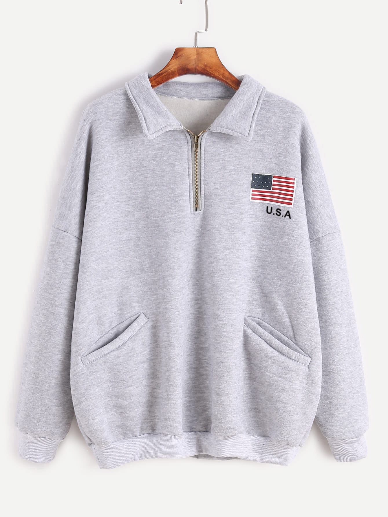 Grey American Flag Print Zip Detail Front Pocket SweatshirtFor Womenromwe