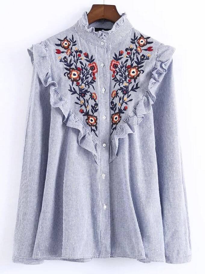 blue vertical striped flower embroidered ruffle shirtfor romwe blue vertical striped flower embroidered ruffle shirtfor romwe