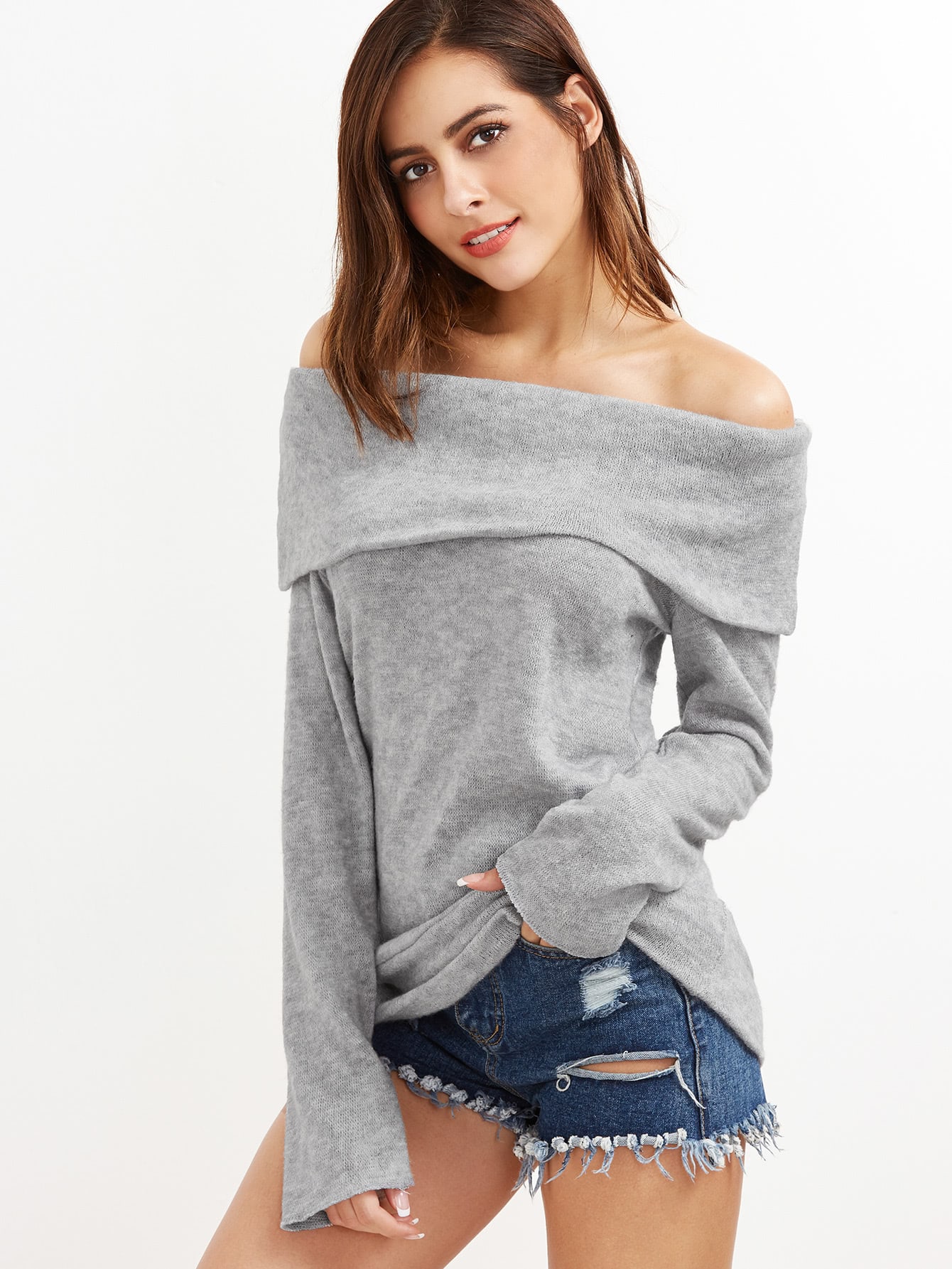 Grey Off The Shoulder Foldover Knit T-shirt