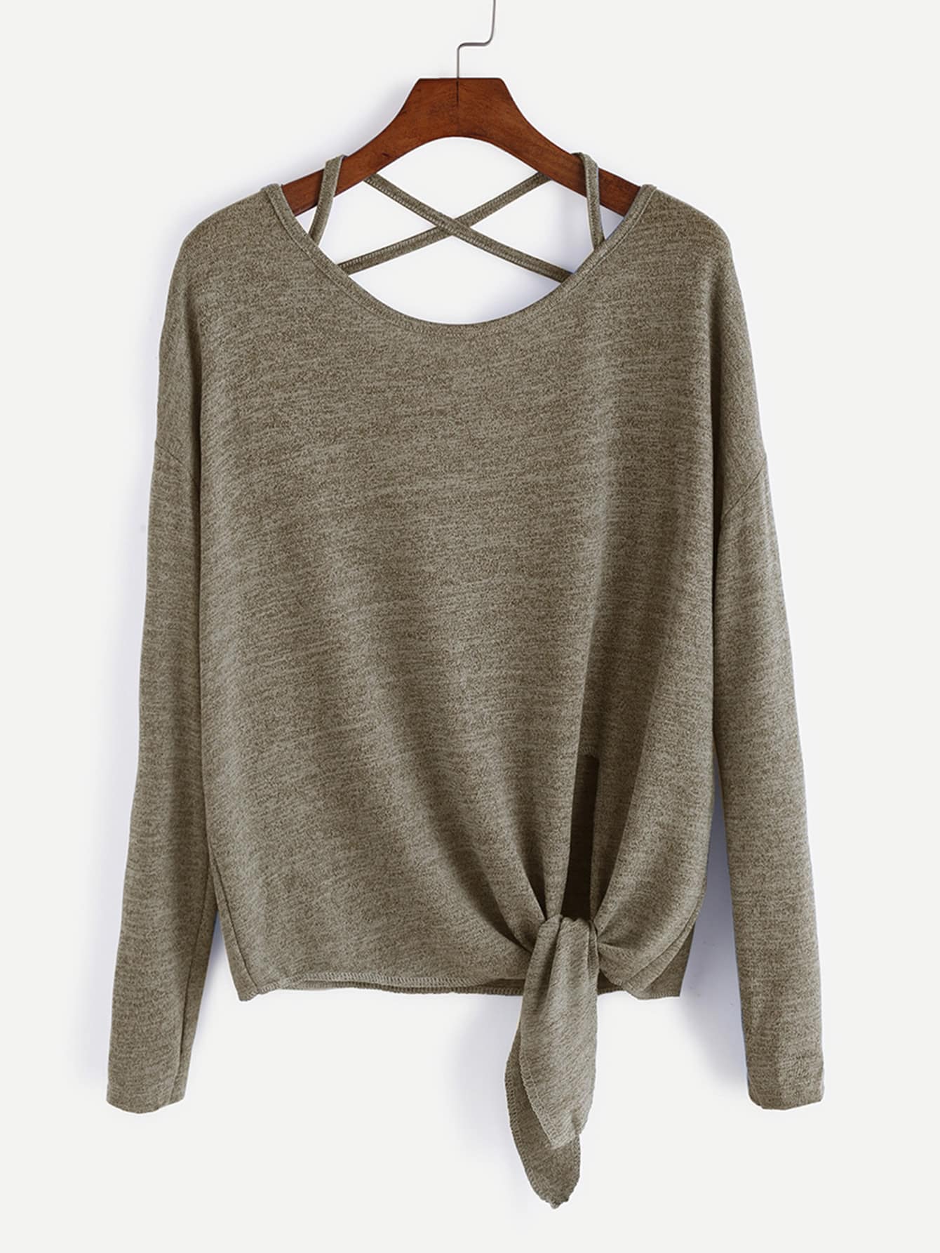Khaki Drop Shoulder Criss Cross Tie Front T-Shirt