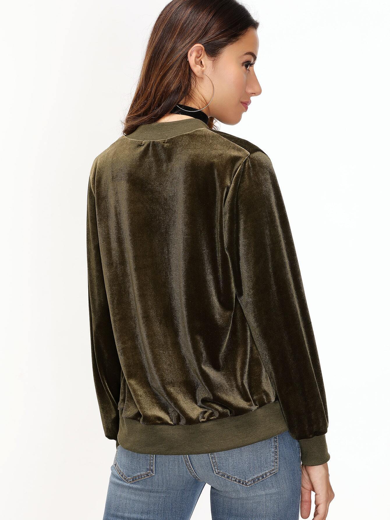 Army Green Velvet Zip Up Bomber JacketFor Womenromwe