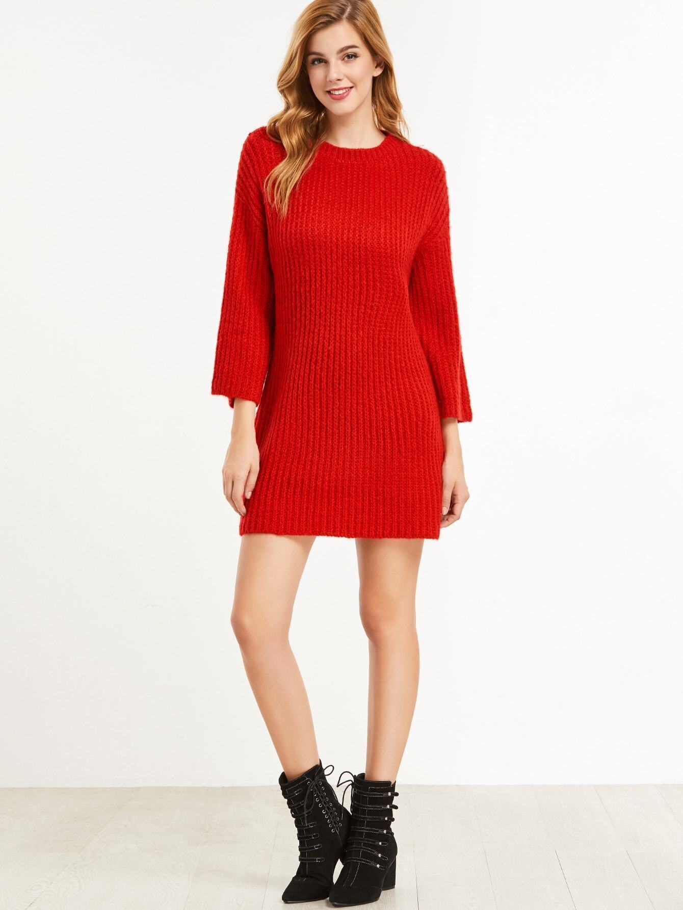 Red Dropped Shoulder Seam Shift Sweater DressFor Womenromwe