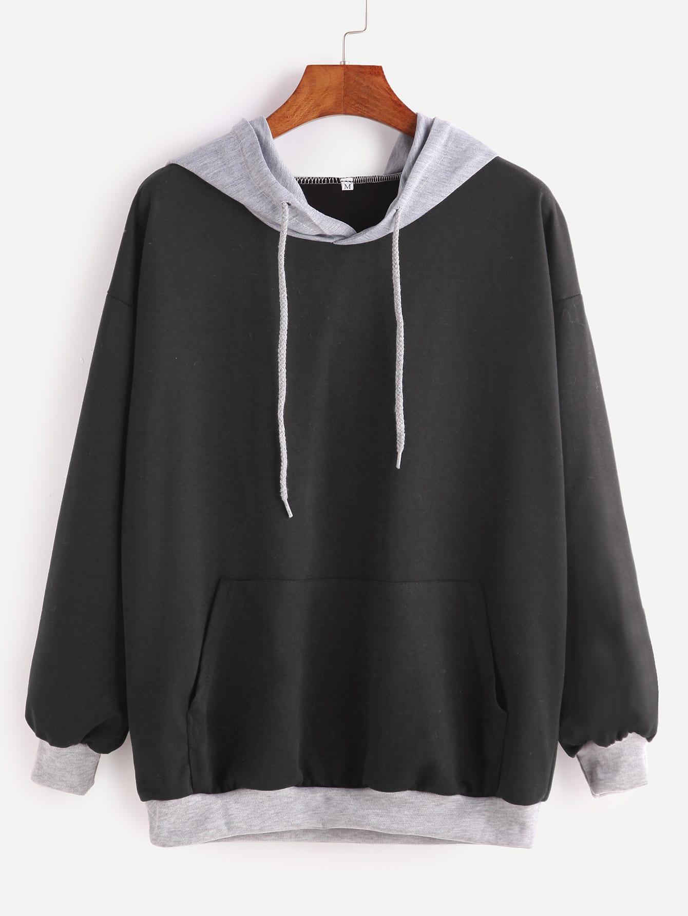 Black Contrast Drop Shoulder Drawstring Hooded Pocket Sweatshirt