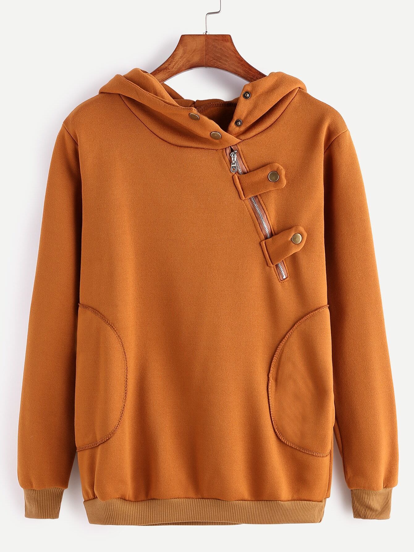 Camel Zip Detail Button Hooded Pockets SweatshirtFor Womenromwe