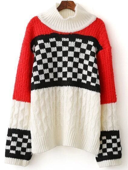 Color Block Mock Neck Check Sweater