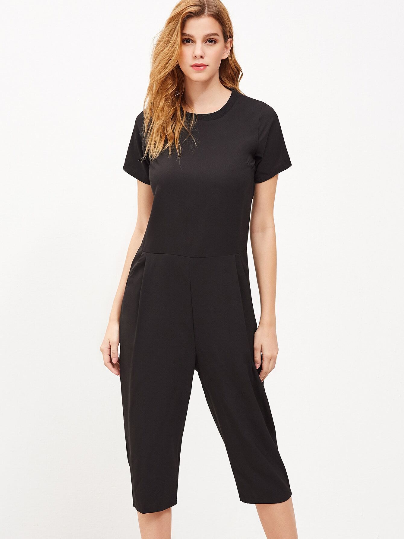 Black Short Sleeve Zipper Back Pocket JumpsuitFor Womenromwe
