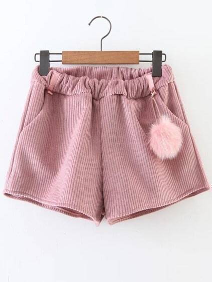 Pink Corduroy Shorts With Pom