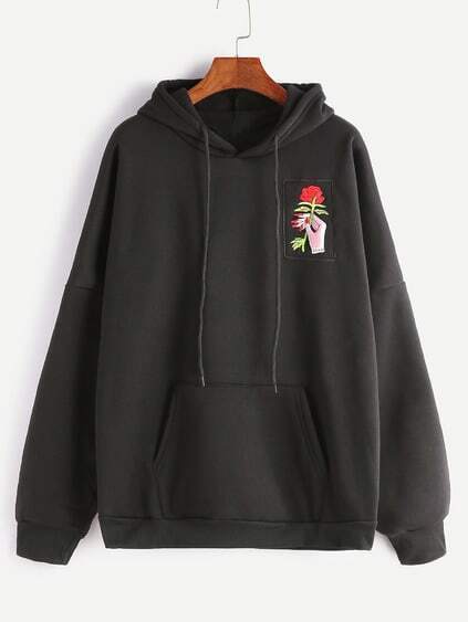 Resultado de imagen para Black-Drop-Shoulder-Hand-Rose-Embroidery-Hooded-Pocket-Sweatshirt