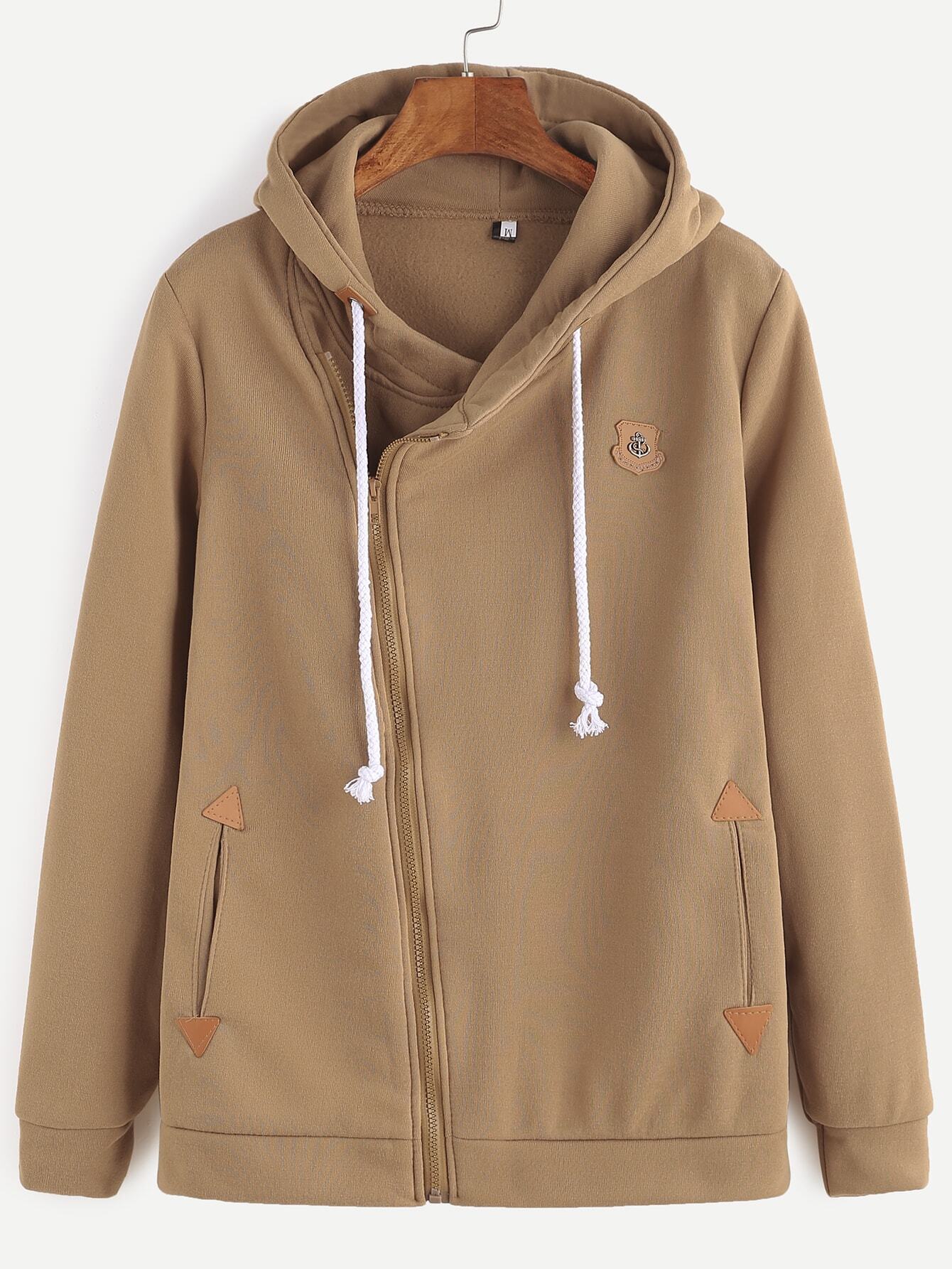 Khaki Zip Up Patch Detail Drawstring Hooded Pocket SweatshirtFor Womenromwe