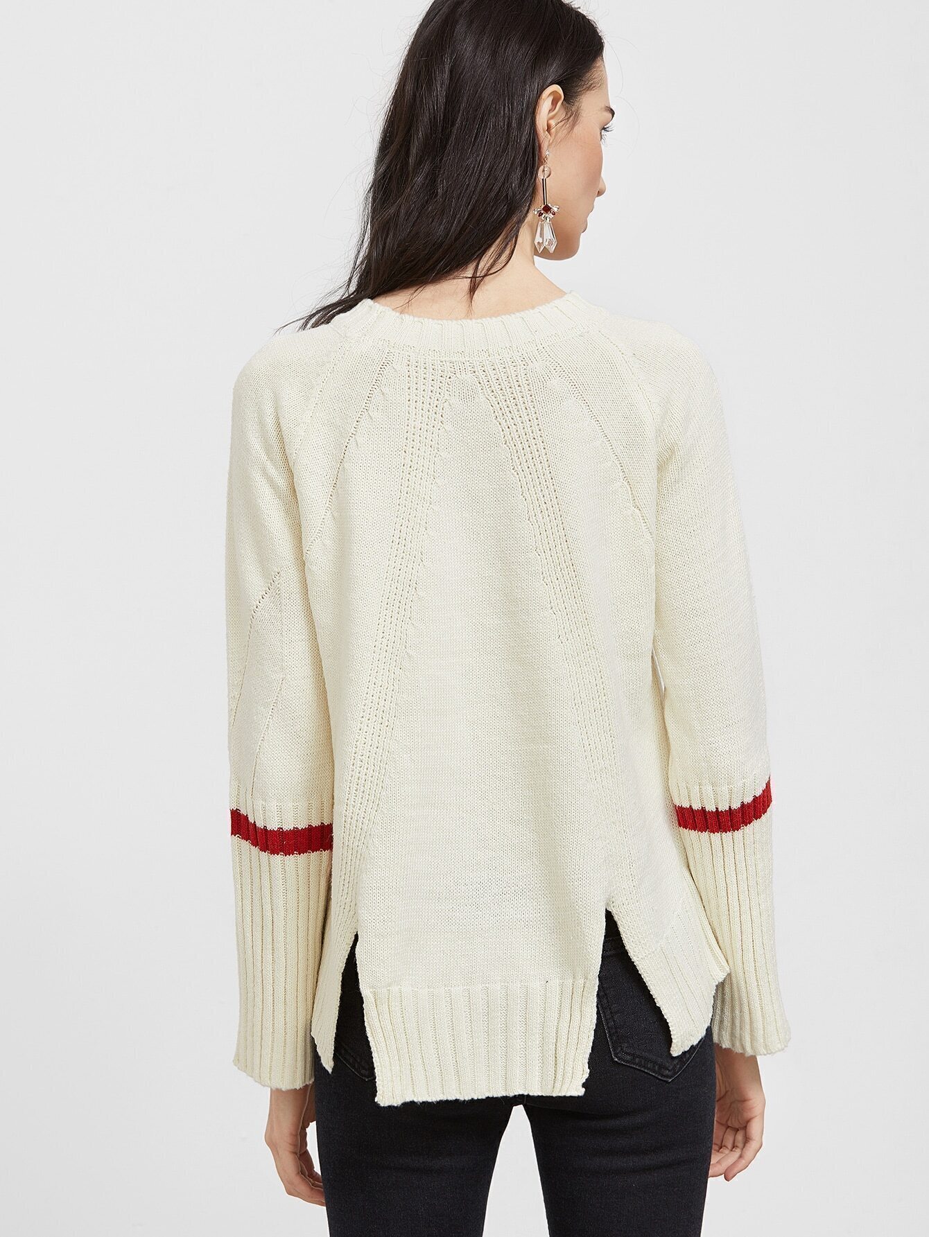 Contrast Trim Raglan Sleeve High Low Slit Eyelet SweaterFor Womenromwe