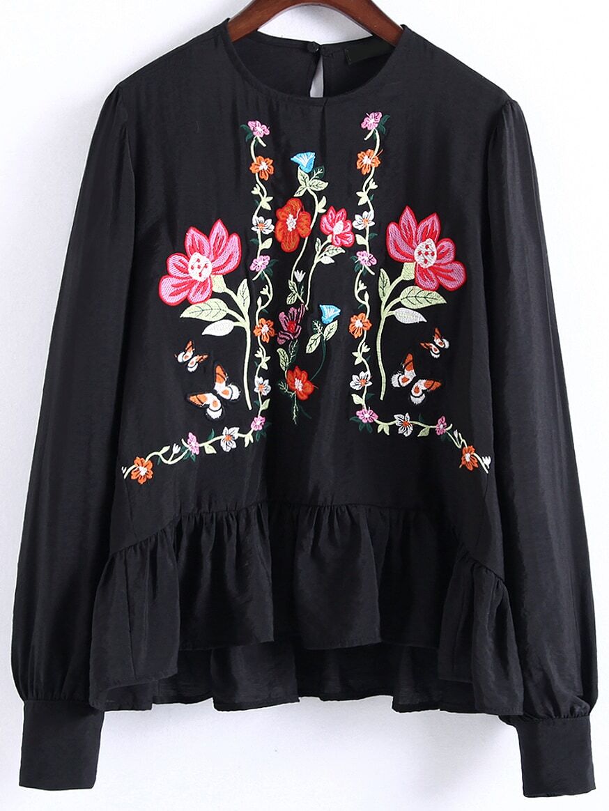 black flower embroidery ruffle hem blousefor romwe black flower embroidery ruffle hem blousefor romwe