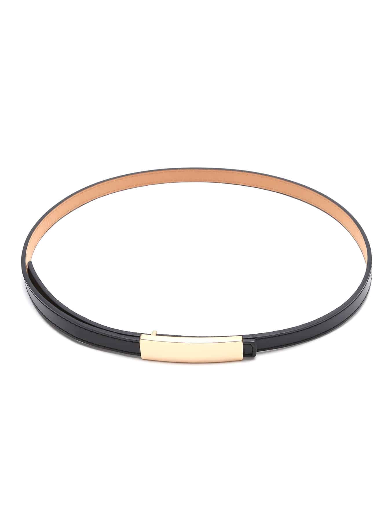 Black Golden Buckle Faux Leather Skinny Belt